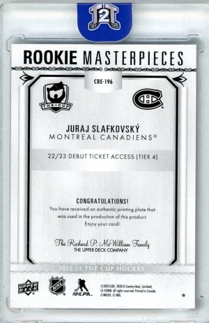 2022-23 Upper Deck The Cup Rookie Masterpieces 1/1 Plate Juraj Slafkovsky back